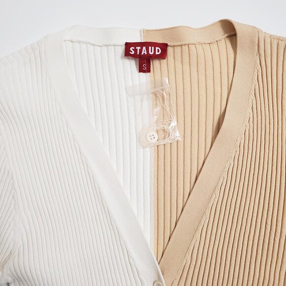 STAUD Womens Cargo Colorblock Cardigan Small Ribbed Stretchy White Beige Buttons - Picture 6 of 11